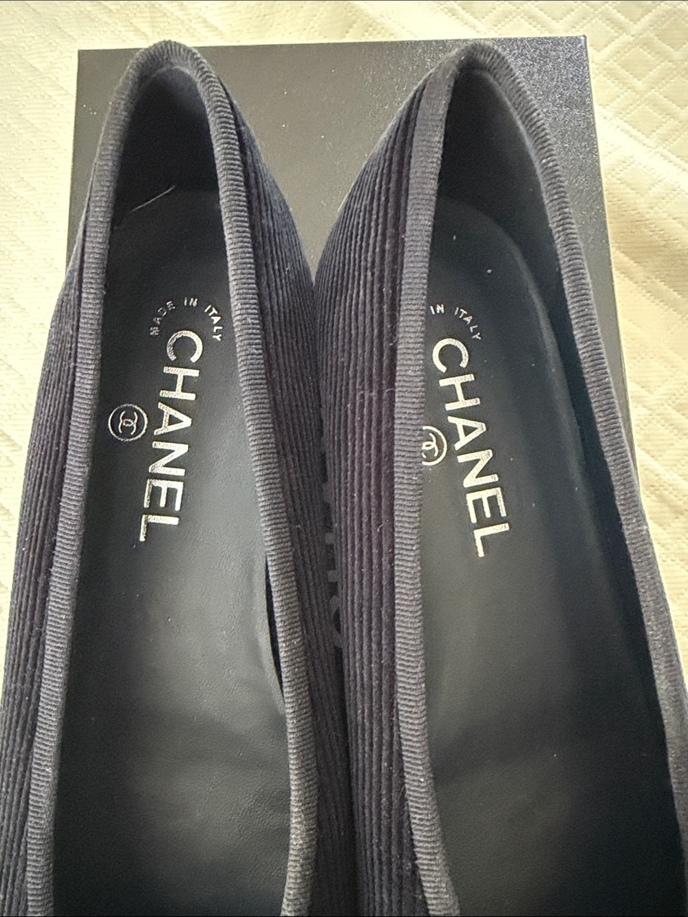 CHANEL Navy Corduroy Ballerina Flats with Patent Cap Toe - Picture 3 of 7